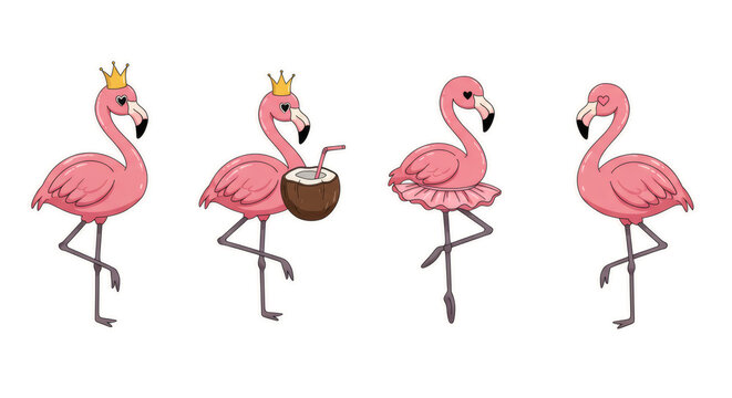 Charming collection of cartoon pink flamingo characters