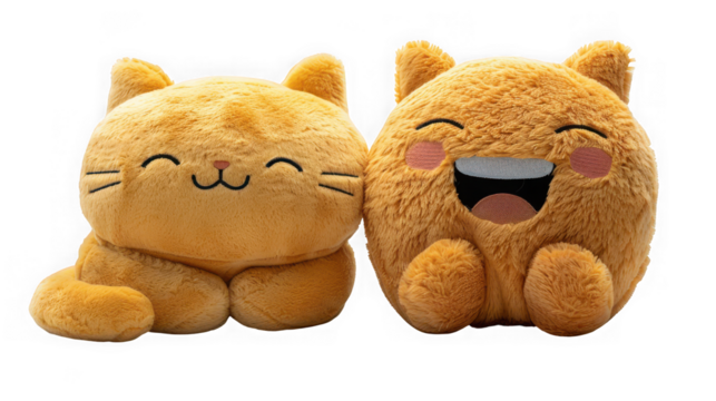 Two cute fluffy orange tabby cat plush toys, one smiling and the other laughing with braces, isolated on transparent background