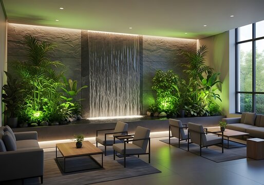Modern living room with lush vertical garden and water feature ambiance