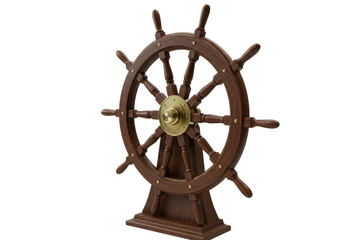 Obraz premium A timeless, elegant ship's helm crafted from highly polished dark wood with classic brass accents and intricate detailing, isolated on a transparent background. Concept of strategic direction and