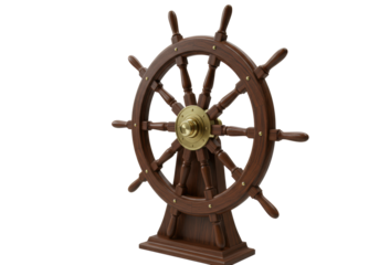A timeless, elegant ship's helm crafted from highly polished dark wood with classic brass accents and intricate detailing, isolated on a transparent background. Concept of strategic direction and