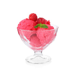 Delicious raspberry sorbet with fresh berries and mint in glass dessert bowl isolated on white