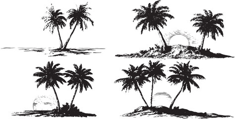 Black and white simple vector line drawing of two palm trees with the sun rising between them on an island, in a clip art style, isolated against a pure, solid, stark white background.eps