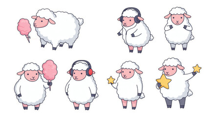 Collection of Cute Sheep Illustrations with Various Themes and Activities