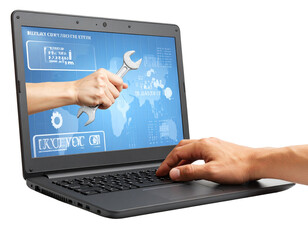 Hands typing on laptop with wrench graphic on screen isolated on transparent background