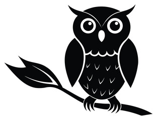 Fototapeta premium Stylized Owl Perched on Branch with Leaves Black and White Design Element