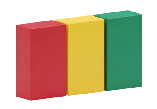 Photo of three colored blocks in red, yellow, and green, on white