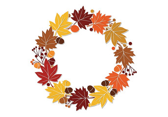 A circular wreath design, featuring autumnal leaves, acorns, and berries, arranged in a decorative circle against a black background.