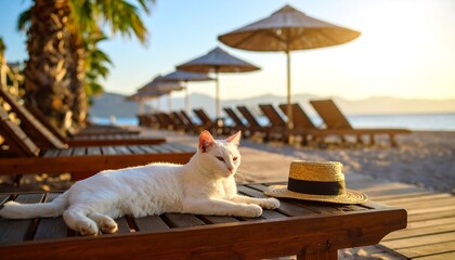 White cat relaxing beach sunrise.