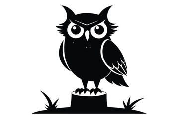 Elegant Black Owl Silhouette Perched on a Tree Stump with Surrounding Vegetation