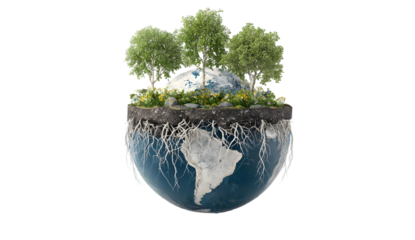 Earth globe cross section with trees and roots concept for environment day on transparent background