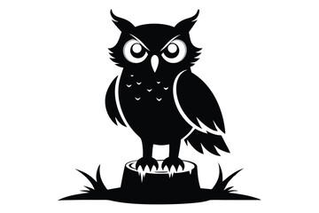 Black Owl With Horned Feathers on a Tree Stump Cutout Illustration