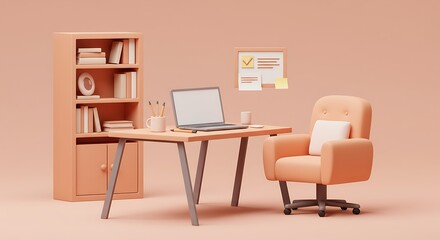 Modern Minimalist Home Office with Laptop and Bookshelf.