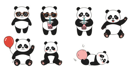 Obraz premium Adorable Cartoon Pandas Collection Playful Bear Characters Engaging in Various Fun Activities and Expressing Different Moods