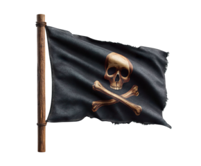 An ominous black flag with a skull and crossbones design, symbolizing piracy and adventure on the high seas., transparent png