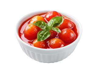 Bowl of peeled tomatoes with basil leaves in sauce isolated on transparent or white background, png