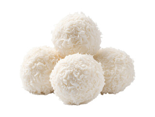 Coconut candy balls with shredded coconut coating isolated on transparent or white background, png