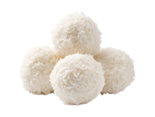 Coconut candy balls with shredded coconut coating isolated on transparent or white background, png