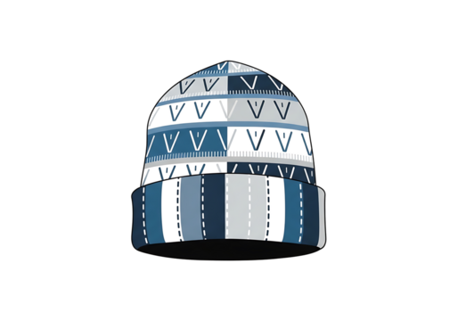 A stylish beanie featuring a striking pattern of repeating V-shapes and horizontal stripes in shades of navy blue, gray, and white.