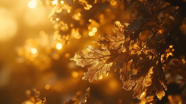 Golden autumn leaves backlit by sun