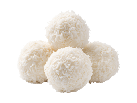Coconut candy balls with shredded coconut coating isolated on transparent or white background, png
