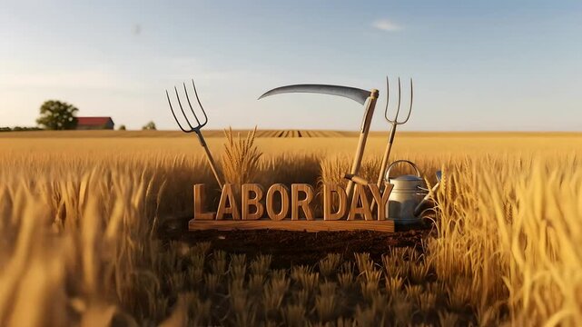 Labor Day scene: Wheat field with farming tools & wooden letters. Agriculture, rural landscape for holiday celebration, worker appreciation, labor force, economic contributions.