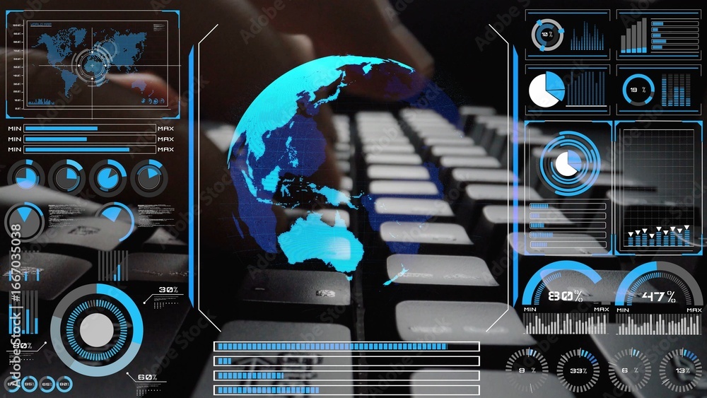 Poster high-tech global network connection interface showing worldwide digital communication, data exchange