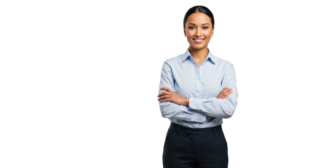 Confident mixed-race woman, early 30s, business attire, arms crossed, smiling on transparent studio background with soft high-key 85mm medium shot. Concept of modern business excellence