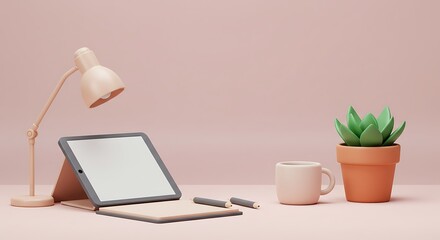 Fototapeta premium Minimalist home office workspace with tablet and plant.