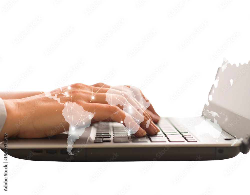 Poster close up of hands typing on a laptop keyboard isolated on transparent background