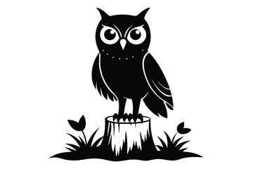 Black silhouette of a wise owl perched on a tree stump with grass