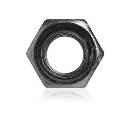 One metal hex nut on mirror surface isolated on white. Hardware tool