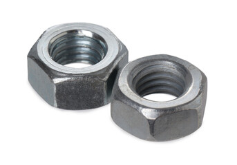 Metal hex nuts isolated on white. Hardware tool