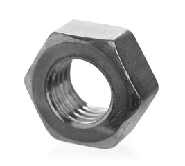 One metal hex nut isolated on white. Hardware tool