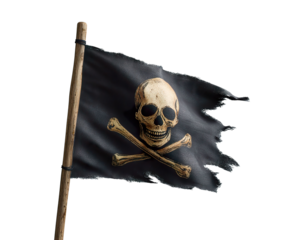 A weathered pirate flag featuring a skull and crossbones design, symbolizing danger and adventure., transparent png