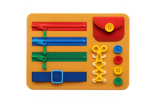 Busy board with zippers, buttons, and wallet pocket improving fine motor skills