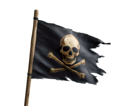 A weathered pirate flag featuring a skull and crossbones design, symbolizing danger and adventure., transparent png