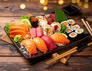 A platter of assorted sushi and sashimi with soy sauce and chopsticks.