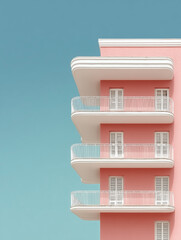 Fototapeta premium Pink building with a balcony and white trim. The building is tall and has three stories. The building is located in a city