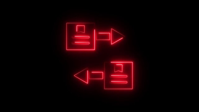 Data exchange and synchronization with orange neon style glowing website pages and arrows. database, digital, digital file technology concept, document, folder, ftp, graphic, icon,