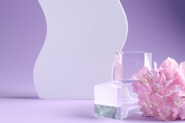 Promotion. Glass podium for product presentation and hydrangea flowers on violet background, closeup
