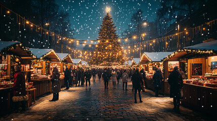 Fototapeta premium Christmas market with tree and lights – created with AI