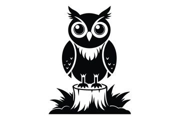 Stylized Black Owl with Large Eyes Perched on a Tree Stump Design