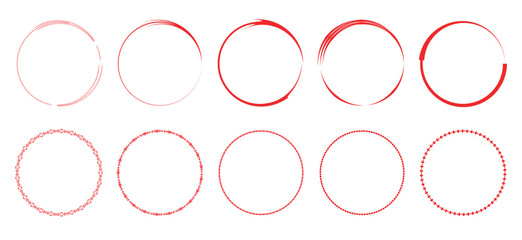 A set of red grunge and brush stroke circles. A collection of round, painted frames with a rough stamp texture, which also includes decorative patterned borders. An artistic vector pack for distressed