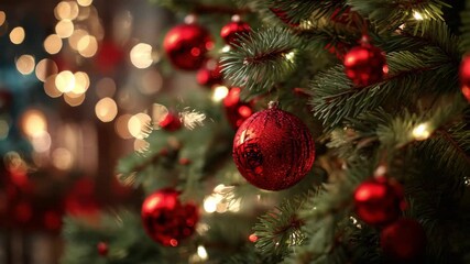 Close-up view of a beautifully adorned Christmas tree featuring shimmering red ornaments and soft twinkling lights creating a warm, festive atmosphere in a lovely indoor space. - Powered by Adobe