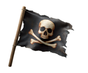 A weathered pirate flag featuring a skull and crossbones design, symbolizing danger and adventure., transparent png