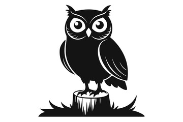 Stylized Silhouette of Owl with Large Eyes Perched on a Tree Stump Graphic