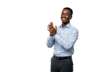 Professionally dressed individual, gender and ethnicity neutral, enthusiastically clapping with a warm, positive expression in a pristine, transparent studio, concept of success and recognition