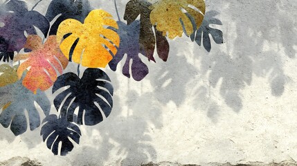 Tropical Monstera Leaves on Textured White Background with Shadow - Abstract Minimalist Design for Copy Space