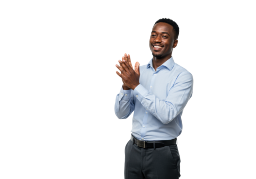 Professionally dressed individual, gender and ethnicity neutral, enthusiastically clapping with a warm, positive expression in a pristine, transparent studio, concept of success and recognition